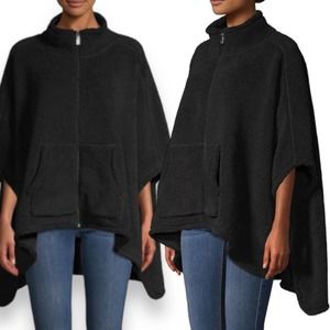 Calvin Klein NWT Black Super Soft Faux Fur Fleece Full Zip Poncho Sweater OS